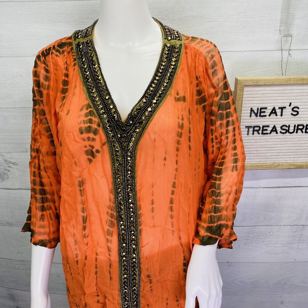 Michael Kors Switzerland Orange Brown Sheer Embellished V Neck Tunic Top Size S - Picture 8 of 16